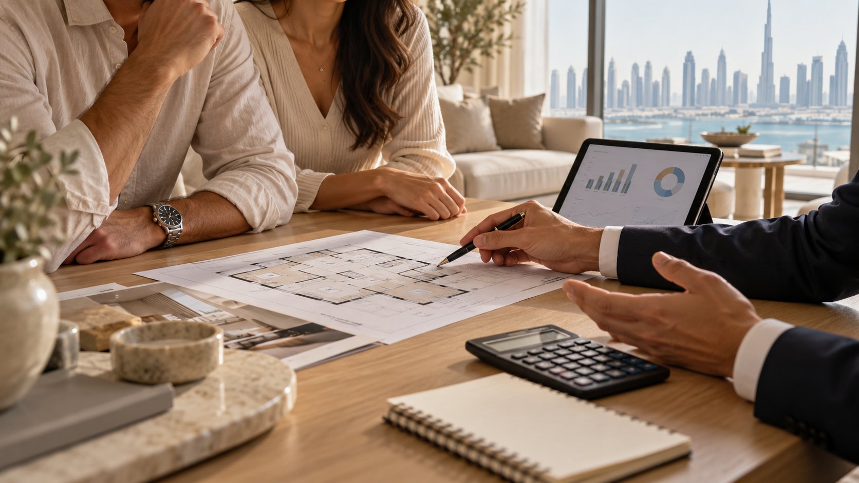 Agent reviewing a floor plan and comparable sales with property owners