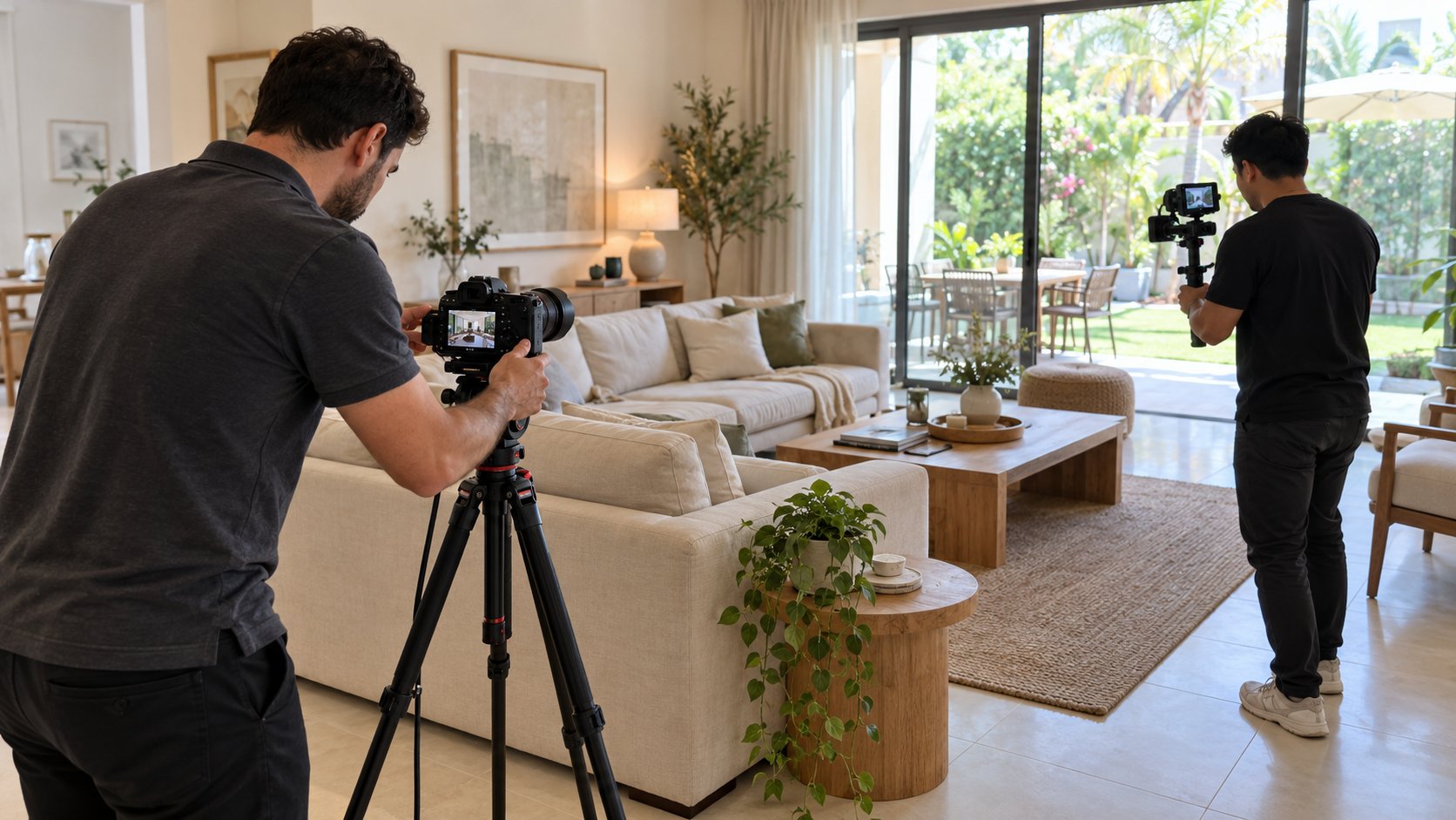 Photographer and videographer shooting a Dubai villa living room